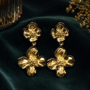 Textured flower gold plated earrings( Black)